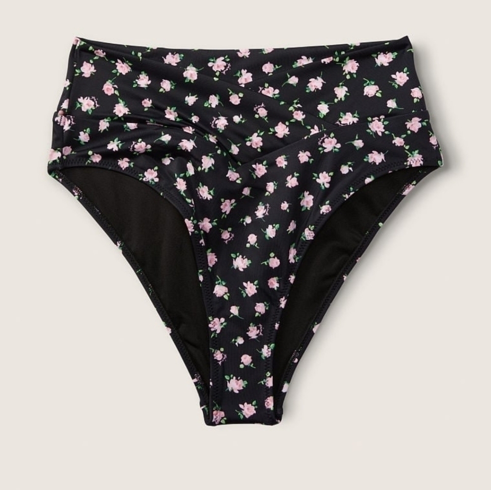 NWT Victoria's Secret PINK V Crossover High-Waist Bikini Bottom Black Floral